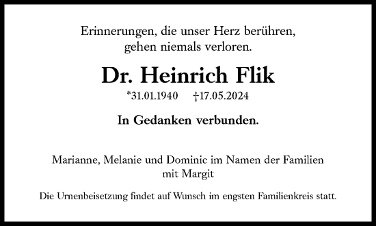 Traueranzeige von Heinrich Flik von Süddeutsche Zeitung