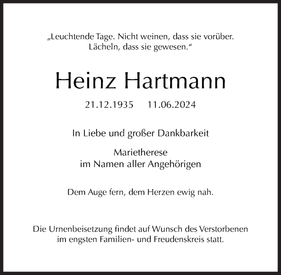 Traueranzeige von Heinz Hartmann von Süddeutsche Zeitung