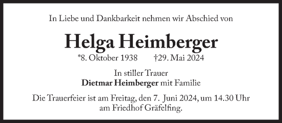 Traueranzeige von Helga Heimberger von Süddeutsche Zeitung