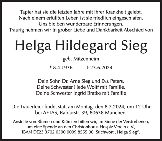 Traueranzeige von Helga Hildegard Sieg von Süddeutsche Zeitung