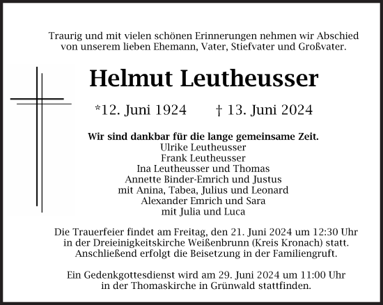 Traueranzeige von Helmut Leutheusser von Süddeutsche Zeitung