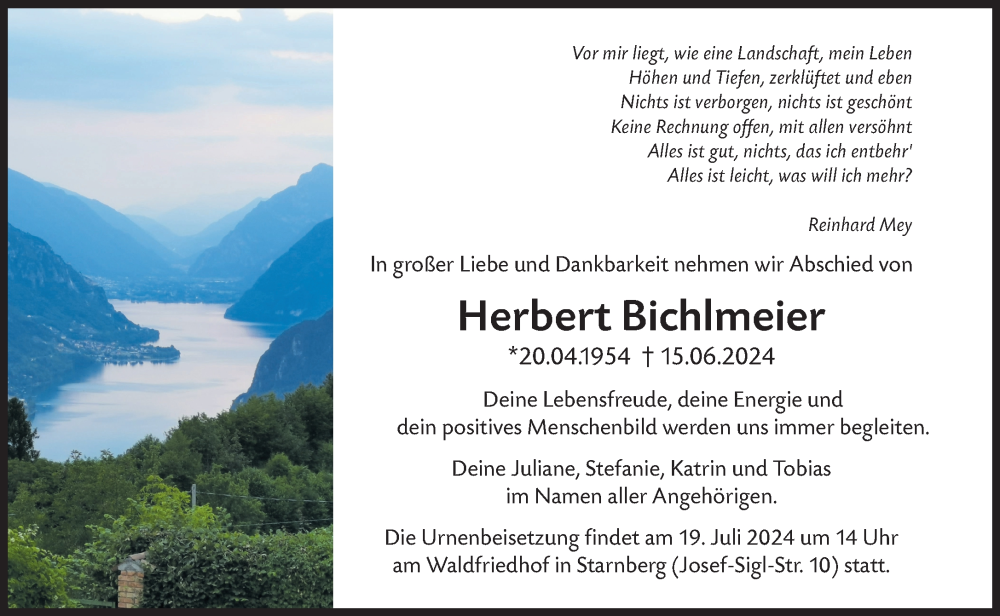  Traueranzeige für Herbert Bichlmeier vom 29.06.2024 aus Süddeutsche Zeitung