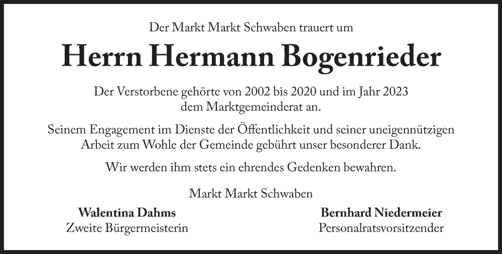  Traueranzeige für Hermann Bogenrieder vom 03.06.2024 aus Süddeutsche Zeitung