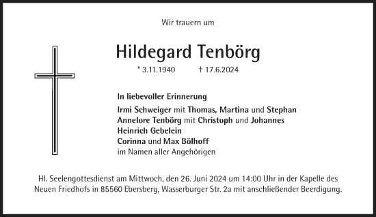 Traueranzeige von Hildegard Tenbörg von Süddeutsche Zeitung