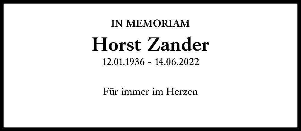  Traueranzeige für Horst Zander vom 15.06.2024 aus Süddeutsche Zeitung