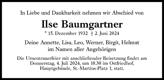 Traueranzeige von Ilse Baumgartner von Süddeutsche Zeitung