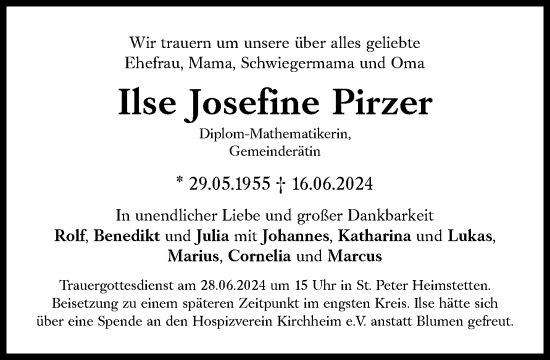 Traueranzeige von Ilse Josefine Pirzer von Süddeutsche Zeitung