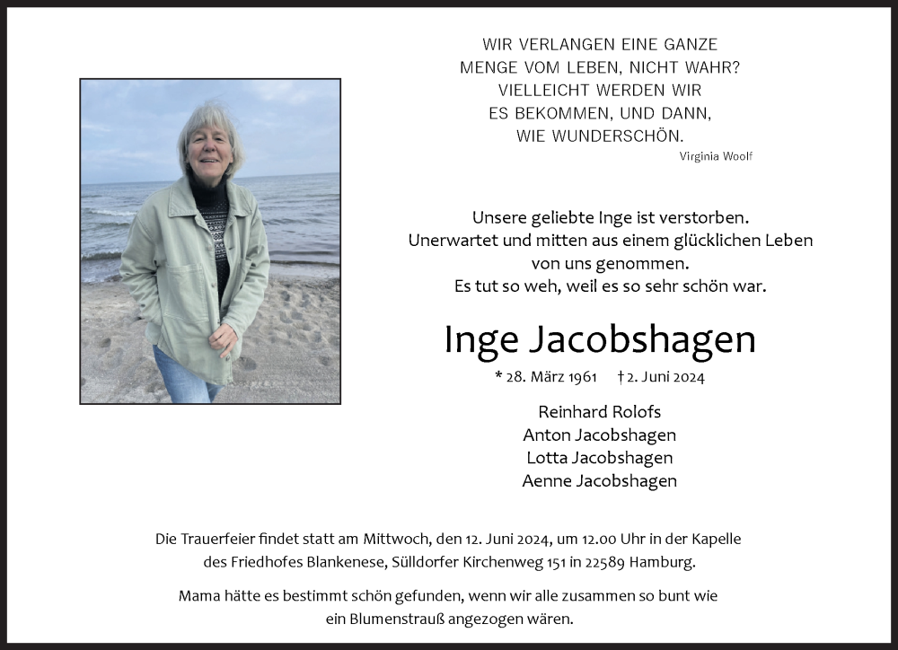  Traueranzeige für Inge Jacobshagen vom 08.06.2024 aus Süddeutsche Zeitung