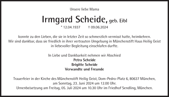 Traueranzeige von Irmgard Scheide von Süddeutsche Zeitung