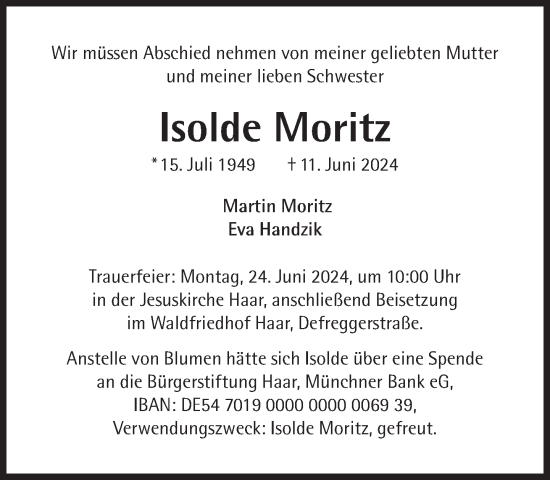 Traueranzeige von Isolde Moritz von Süddeutsche Zeitung