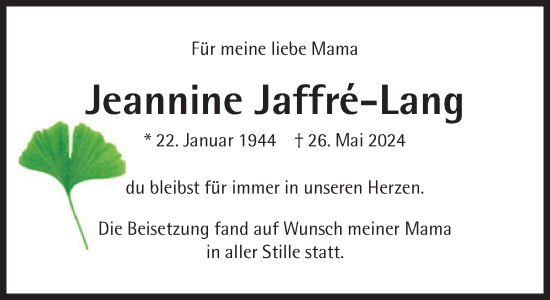 Traueranzeige von Jeannine Jaffré-Lang von Süddeutsche Zeitung