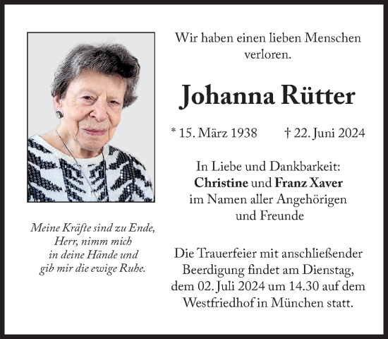 Traueranzeige von Johanna Rütter von Süddeutsche Zeitung