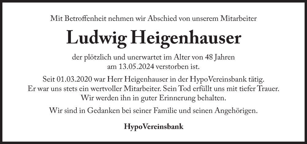  Traueranzeige für Ludwig Heigenhauser vom 07.06.2024 aus Süddeutsche Zeitung