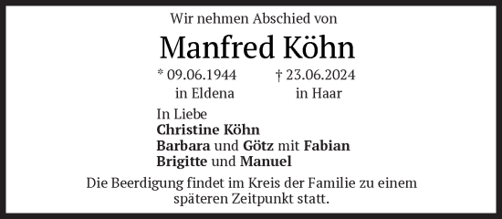Traueranzeige von Manfred Köhn von Süddeutsche Zeitung