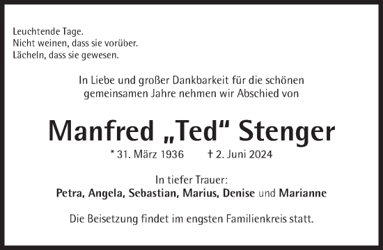 Traueranzeige von Manfred Stenger von Süddeutsche Zeitung
