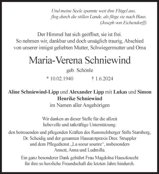 Traueranzeige von Maria-Verena Schniewind von Süddeutsche Zeitung