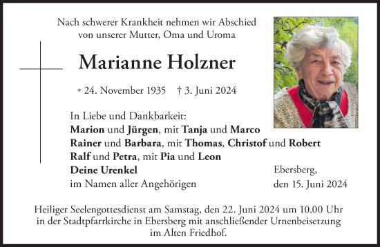 Traueranzeige von Marianne Holzner von Süddeutsche Zeitung