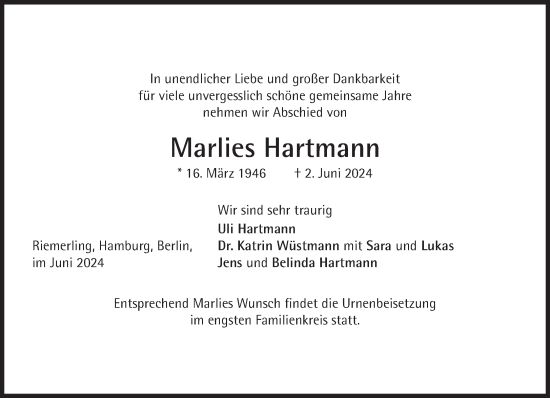 Traueranzeige von Marlies Hartmann von Süddeutsche Zeitung