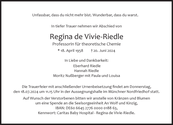 Traueranzeige von Regina de Vivie-Riedle von Süddeutsche Zeitung