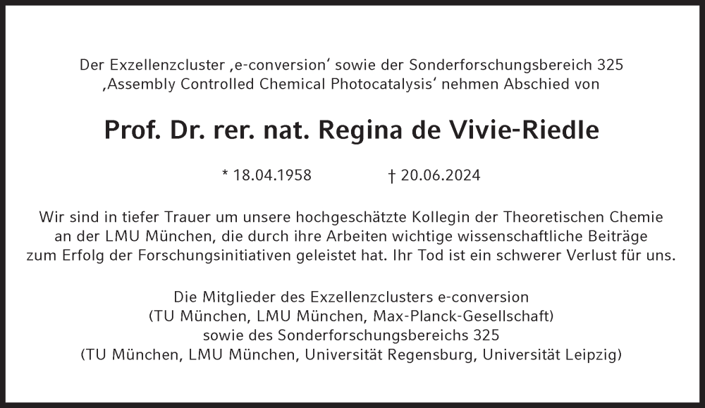  Traueranzeige für Regina de Vivie-Riedle vom 29.06.2024 aus Süddeutsche Zeitung