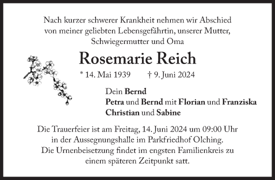 Traueranzeige von Rosemarie Reich von Süddeutsche Zeitung