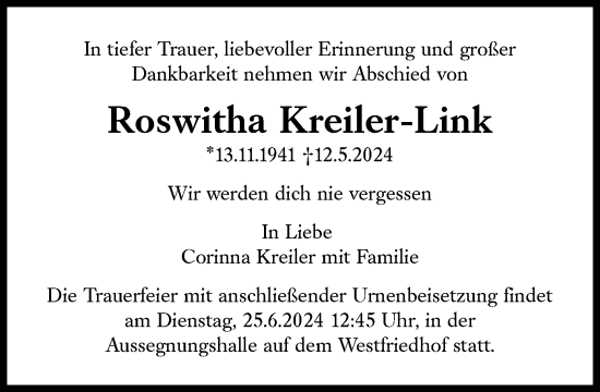 Traueranzeige von Roswitha Kreiler-Link von Süddeutsche Zeitung