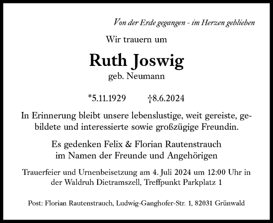 Traueranzeige von Ruth Joswig von Süddeutsche Zeitung