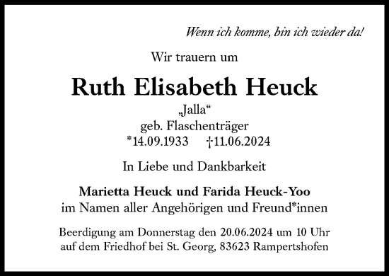 Traueranzeige von Ruth Elisabeth Heuck von Süddeutsche Zeitung