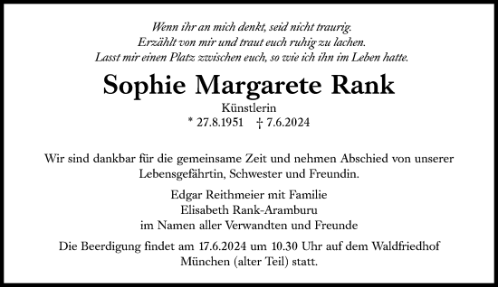 Traueranzeige von Sophie Margarete Rank von Süddeutsche Zeitung