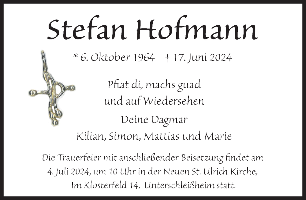  Traueranzeige für Stefan Hofmann vom 29.06.2024 aus Süddeutsche Zeitung