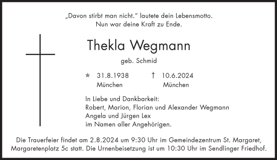 Traueranzeige von Thekla Wegmann von Süddeutsche Zeitung