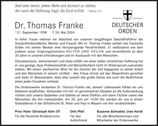 Traueranzeige von Thomas Franke von Süddeutsche Zeitung