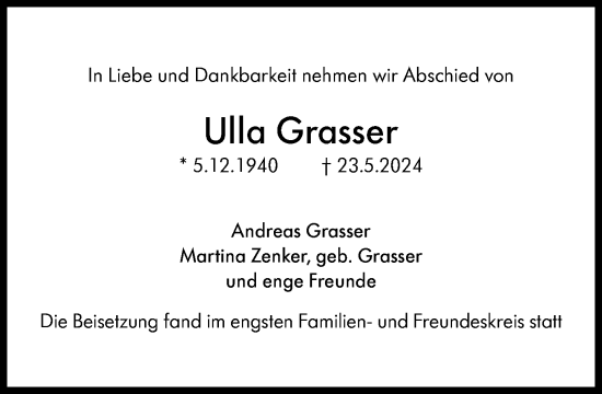 Traueranzeige von Ulla Grasser  von Süddeutsche Zeitung