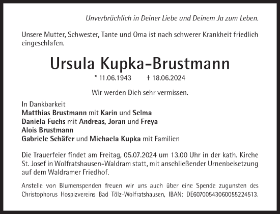 Traueranzeige von Ursula Kupka-Brustmann von Süddeutsche Zeitung
