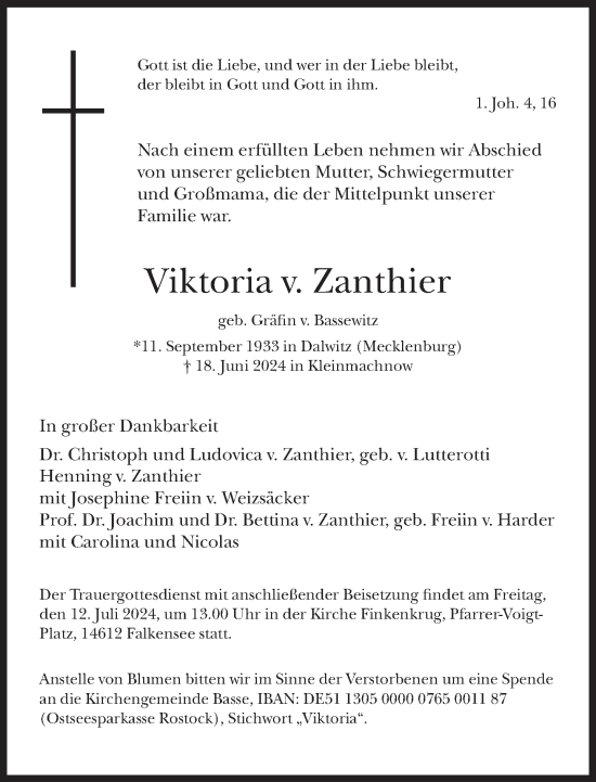 Traueranzeige von Victoria  v. Zanthier von Süddeutsche Zeitung