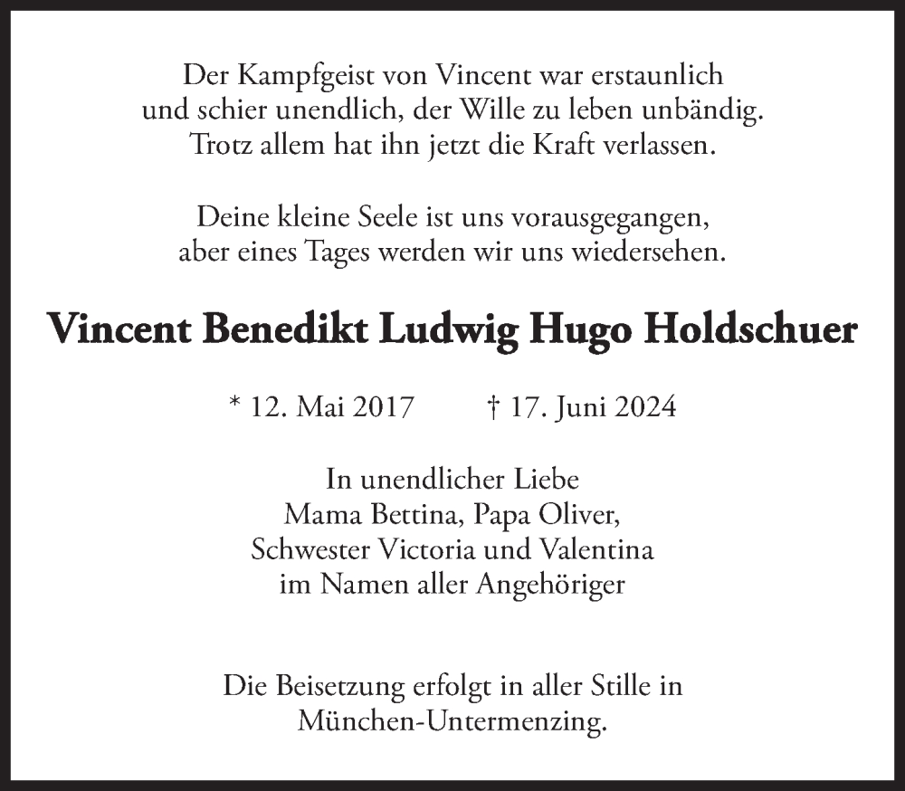  Traueranzeige für Vincent Benedikt Ludwig Hugo Holdschuer vom 25.06.2024 aus Süddeutsche Zeitung