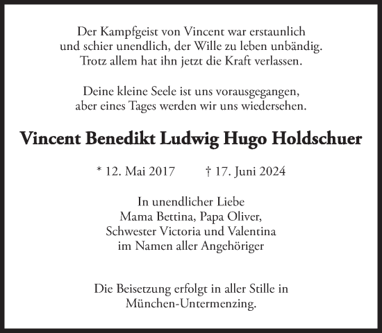 Traueranzeige von Vincent Benedikt Ludwig Hugo Holdschuer von Süddeutsche Zeitung