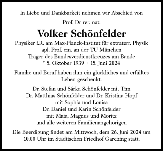 Traueranzeige von Volker Schönfelder von Süddeutsche Zeitung