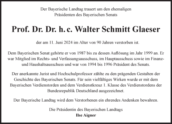 Traueranzeige von Walter Schmitt Glaeser von Süddeutsche Zeitung