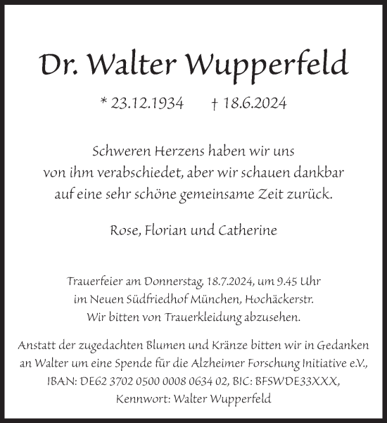 Traueranzeige von Walter Wupperfeld von Süddeutsche Zeitung