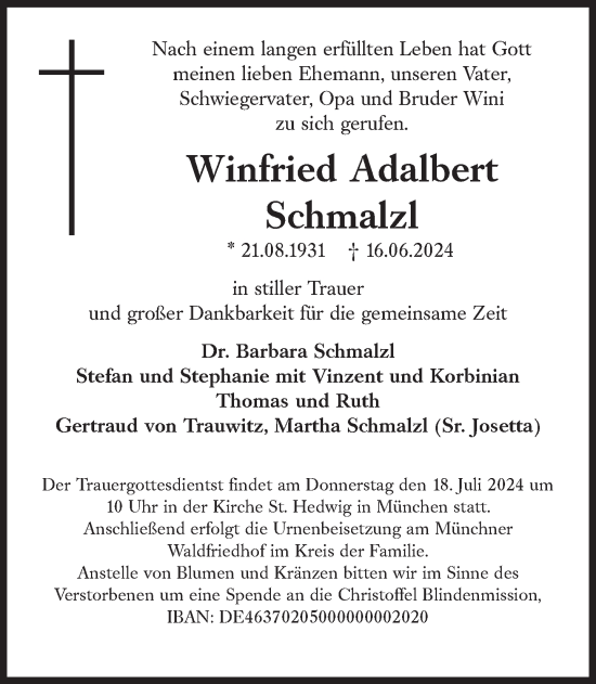 Traueranzeige von Winfried Adalbert Schmalzl von Süddeutsche Zeitung