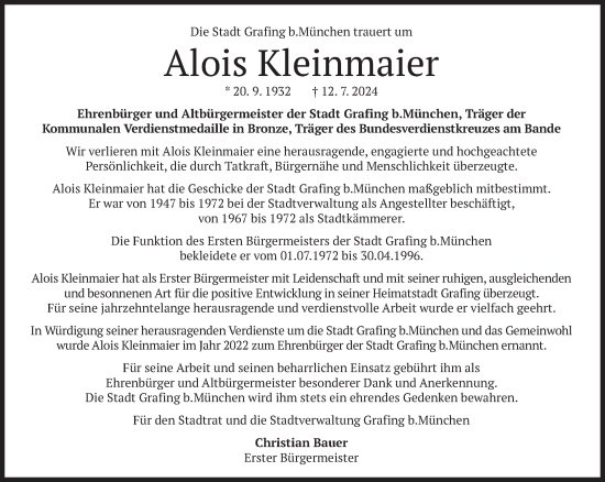 Traueranzeige von Alois Kleinmaier von Süddeutsche Zeitung