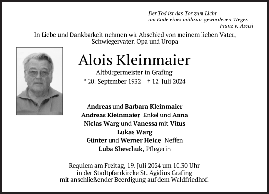 Traueranzeige von Alois Kleinmeier von Süddeutsche Zeitung