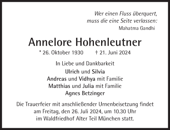 Traueranzeige von Annelore Hohenleutner von Süddeutsche Zeitung