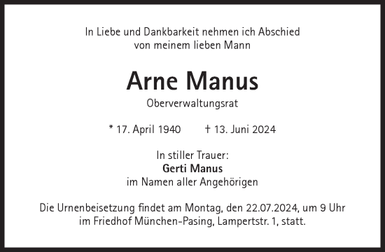 Traueranzeige von Arne Manus von Süddeutsche Zeitung