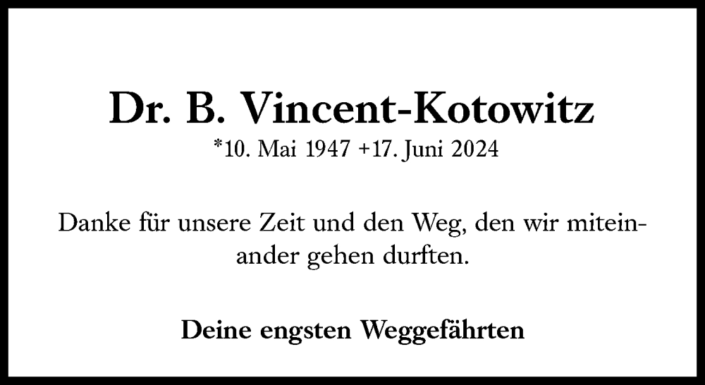  Traueranzeige für B. Vincent-Kotowitz vom 20.07.2024 aus Süddeutsche Zeitung