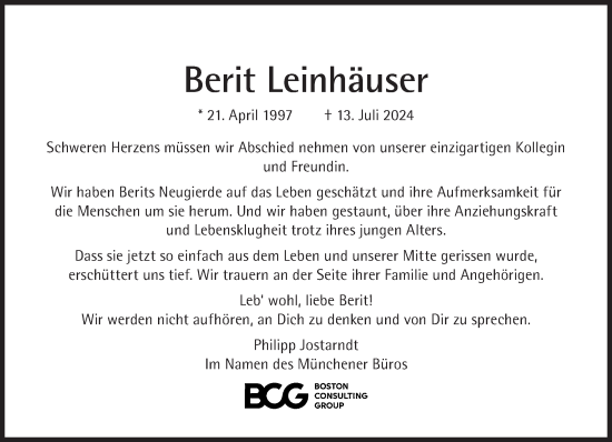 Traueranzeige von Berit Leinhäuser von Süddeutsche Zeitung