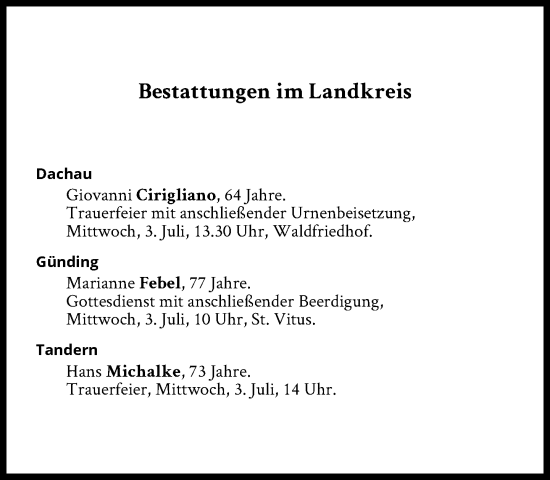Traueranzeige von Bestattungen vom 03.07.2024 von Süddeutsche Zeitung