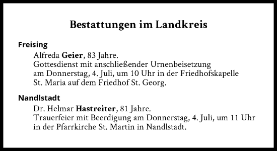 Traueranzeige von Bestattungen vom 04.07.2024 von Süddeutsche Zeitung