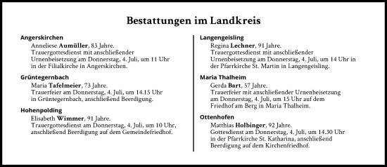 Traueranzeige von Bestattungen vom 04.07.2024 von Süddeutsche Zeitung